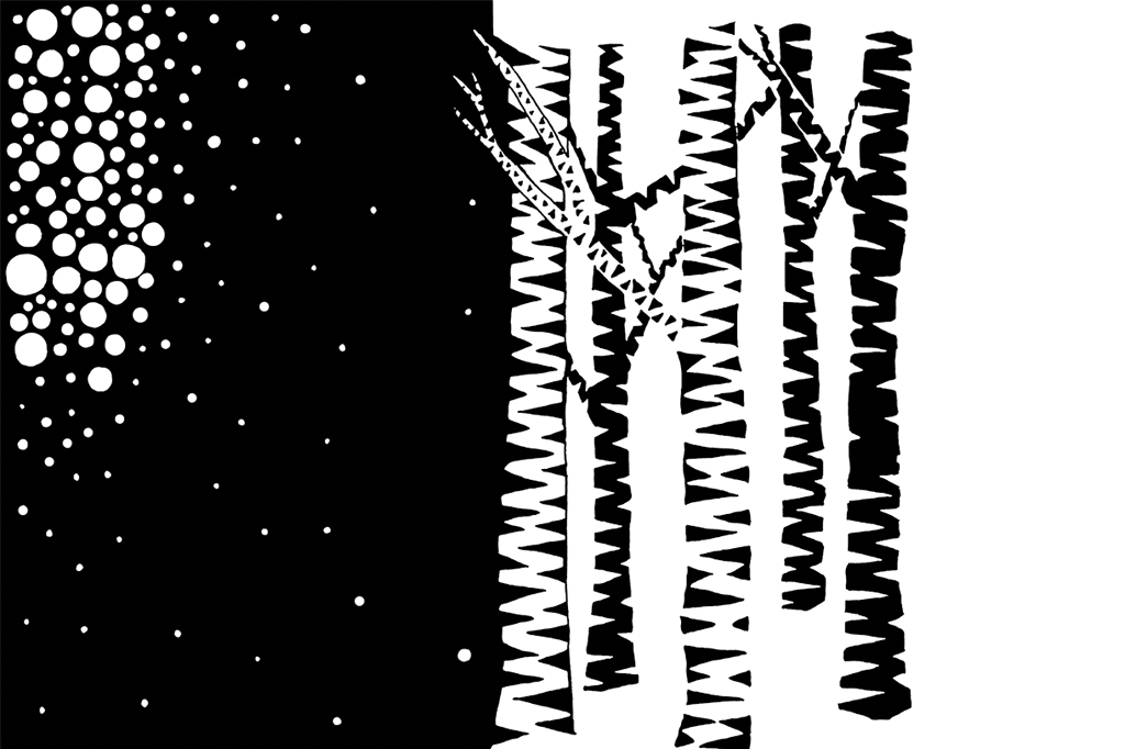 Virginia Mons, dessin, encre pigmentaire, derrière la forêt